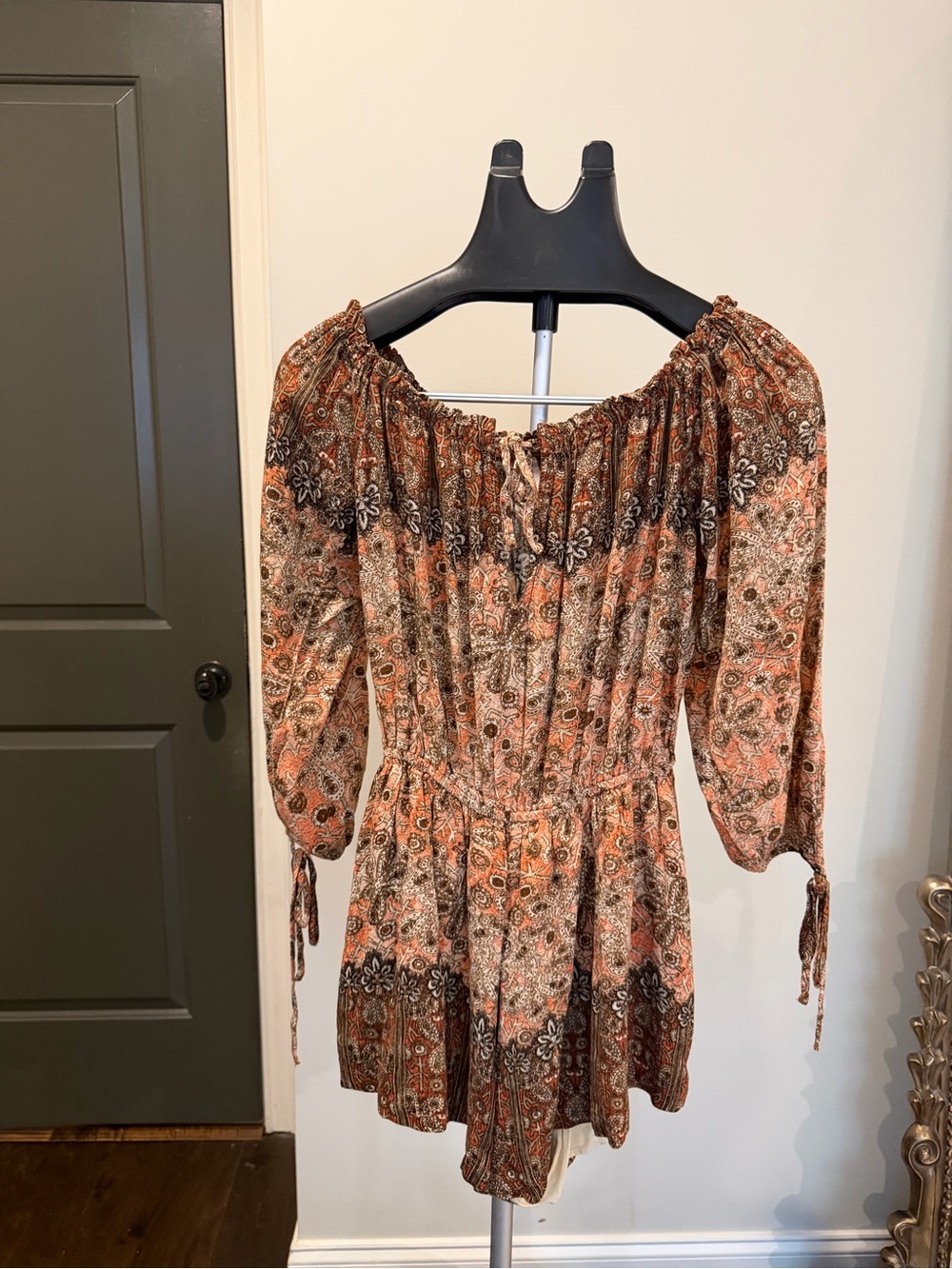 Free People Rust and Brown Paisley Off-Shoulder Mini Dress Size Medium